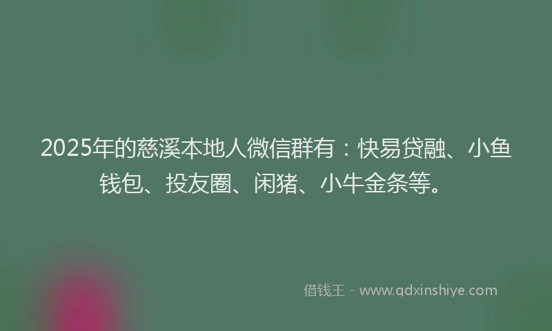 2025年的慈溪本地人微信群有：快易贷融、小鱼钱包、投友圈、闲猪、小牛金条等。