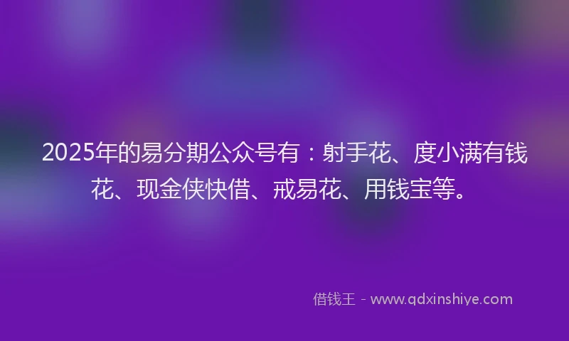 2025年的易分期公众号有：射手花、度小满有钱花、现金侠快借、戒易花、用钱宝等。