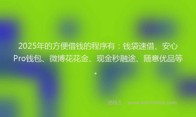 2025年的方便借钱的程序有：钱袋速借、安心Pro钱包、微博花花金、现金秒融途、随意优品等。