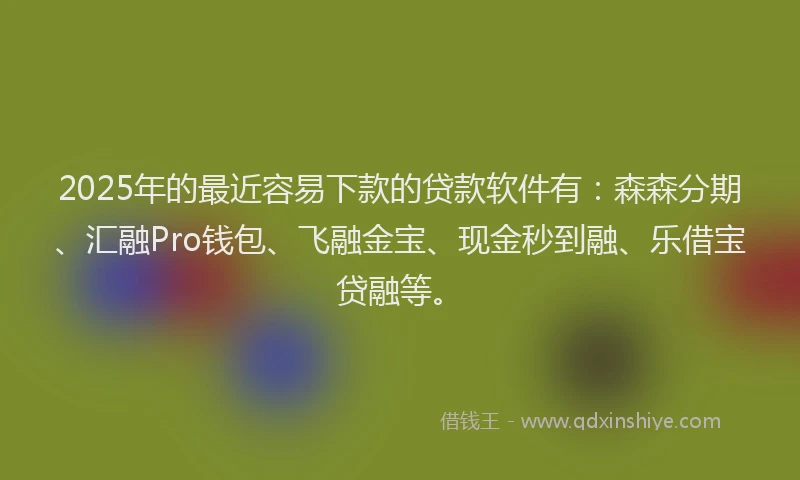 2025年的最近容易下款的贷款软件有：森森分期、汇融Pro钱包、飞融金宝、现金秒到融、乐借宝贷融等。