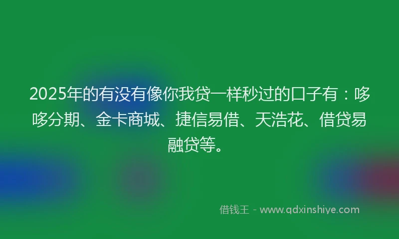 2025年的有没有像你我贷一样秒过的口子有：哆哆分期、金卡商城、捷信易借、天浩花、借贷易融贷等。