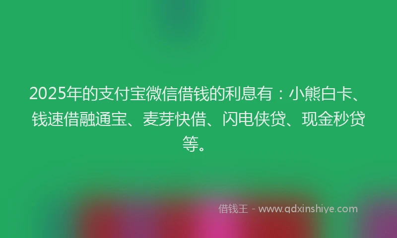 2025年的支付宝微信借钱的利息有：小熊白卡、钱速借融通宝、麦芽快借、闪电侠贷、现金秒贷等。