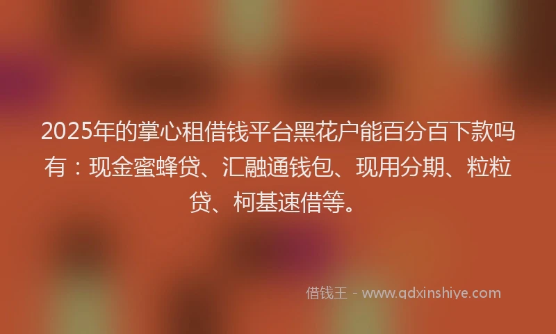 2025年的掌心租借钱平台黑花户能百分百下款吗有：现金蜜蜂贷、汇融通钱包、现用分期、粒粒贷、柯基速借等。