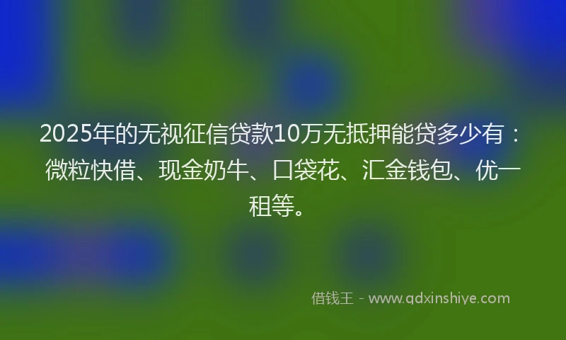 2025年的无视征信贷款10万无抵押能贷多少有：微粒快借、现金奶牛、口袋花、汇金钱包、优一租等。