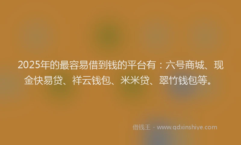 2025年的最容易借到钱的平台有：六号商城、现金快易贷、祥云钱包、米米贷、翠竹钱包等。