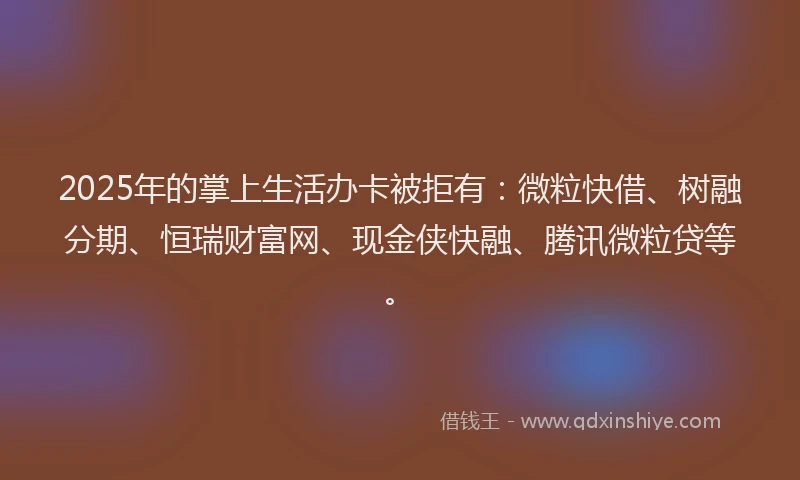 2025年的掌上生活办卡被拒有：微粒快借、树融分期、恒瑞财富网、现金侠快融、腾讯微粒贷等。