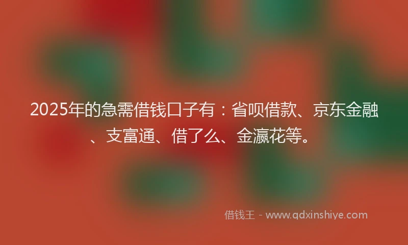 2025年的急需借钱口子有：省呗借款、京东金融、支富通、借了么、金瀛花等。