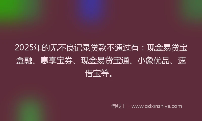 2025年的无不良记录贷款不通过有：现金易贷宝盒融、惠享宝券、现金易贷宝通、小象优品、速借宝等。