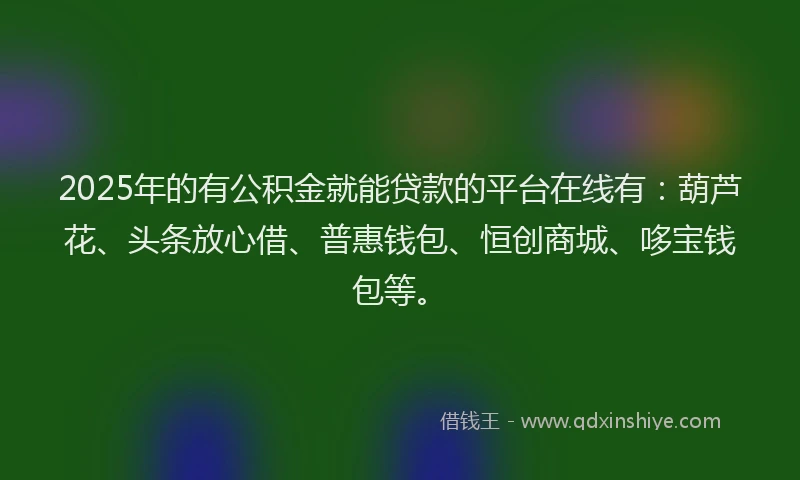 2025年的有公积金就能贷款的平台在线有：葫芦花、头条放心借、普惠钱包、恒创商城、哆宝钱包等。