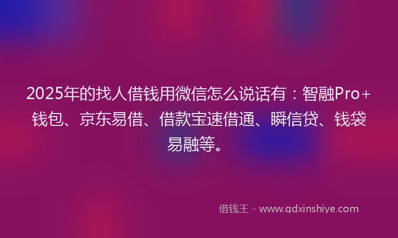 2025年的找人借钱用微信怎么说话有：智融Pro+钱包、京东易借、借款宝速借通、瞬信贷、钱袋易融等。