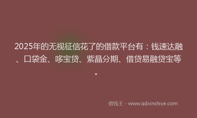 2025年的无视征信花了的借款平台有：钱速达融、口袋金、哆宝贷、紫晶分期、借贷易融贷宝等。