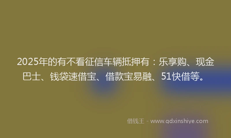 2025年的有不看征信车辆抵押有：乐享购、现金巴士、钱袋速借宝、借款宝易融、51快借等。