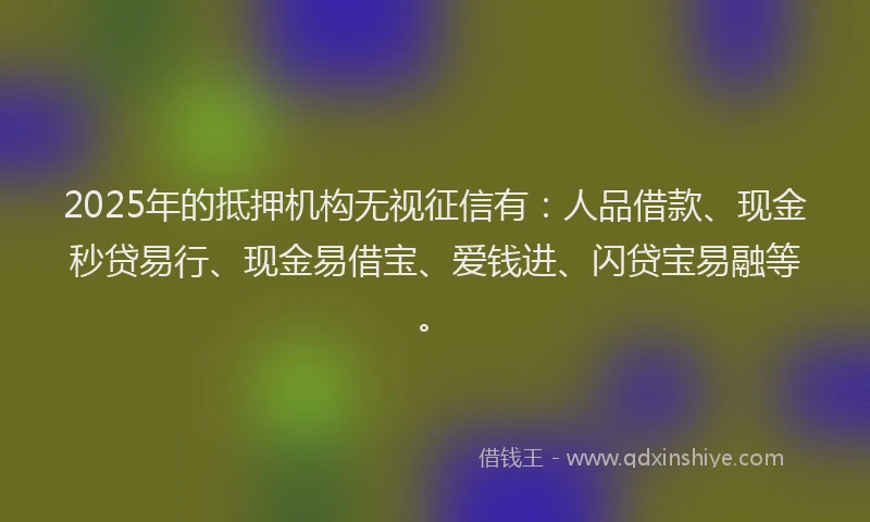 2025年的抵押机构无视征信有：人品借款、现金秒贷易行、现金易借宝、爱钱进、闪贷宝易融等。