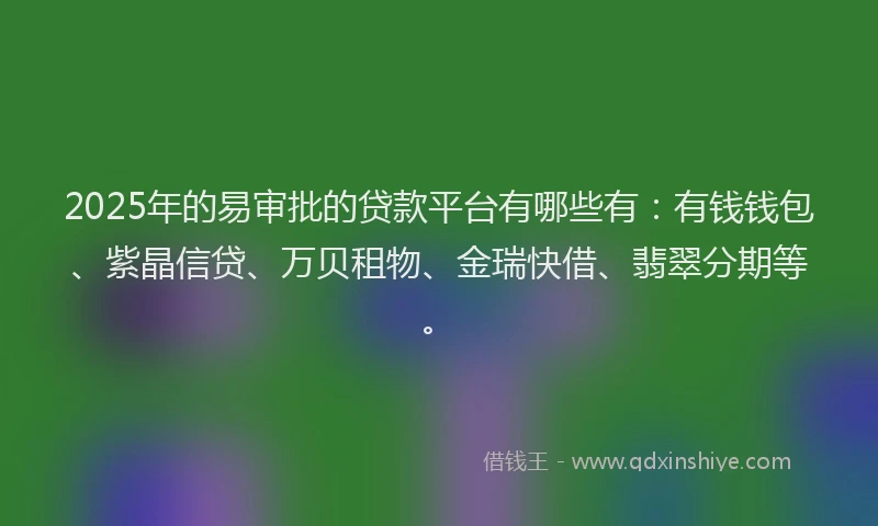 2025年的易审批的贷款平台有哪些有：有钱钱包、紫晶信贷、万贝租物、金瑞快借、翡翠分期等。