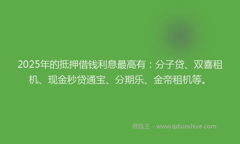 2025年的抵押借钱利息最高有：分子贷、双喜租机、现金秒贷通宝、分期乐、金帝租机等。