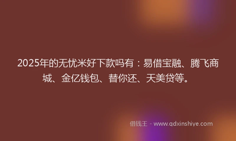 2025年的无忧米好下款吗有：易借宝融、腾飞商城、金亿钱包、替你还、天美贷等。