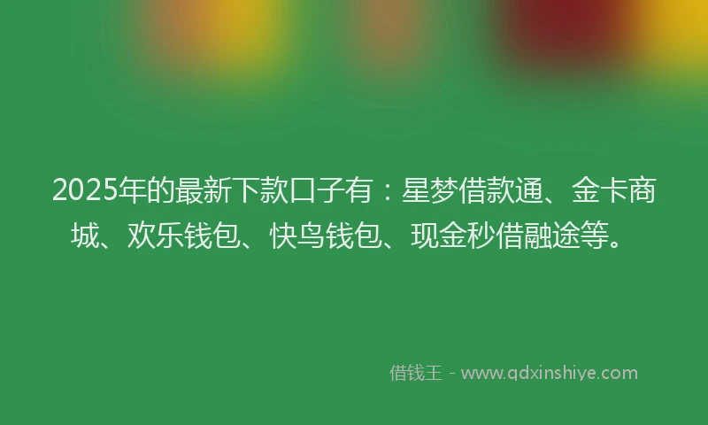 2025年的最新下款口子有：星梦借款通、金卡商城、欢乐钱包、快鸟钱包、现金秒借融途等。