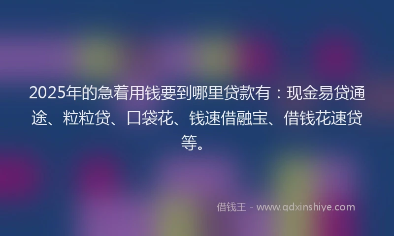 2025年的急着用钱要到哪里贷款有：现金易贷通途、粒粒贷、口袋花、钱速借融宝、借钱花速贷等。