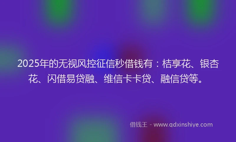 2025年的无视风控征信秒借钱有：桔享花、银杏花、闪借易贷融、维信卡卡贷、融信贷等。