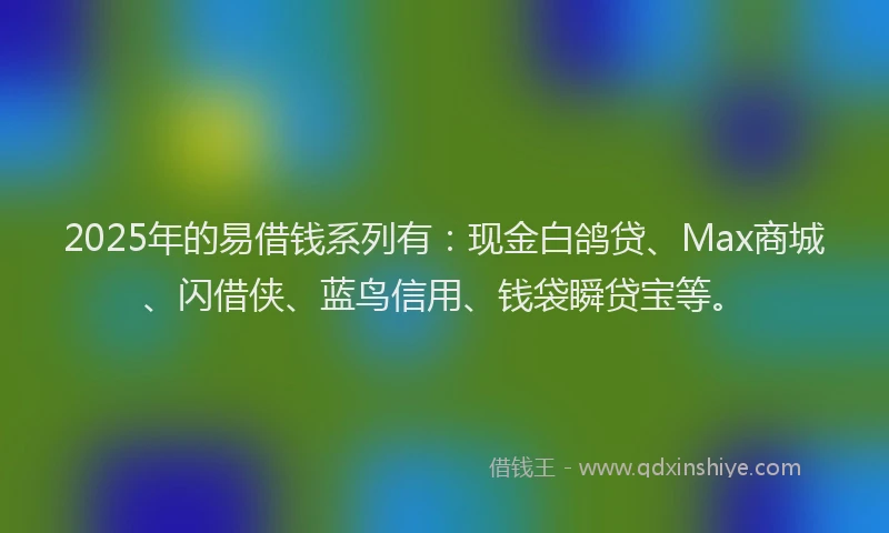 2025年的易借钱系列有：现金白鸽贷、Max商城、闪借侠、蓝鸟信用、钱袋瞬贷宝等。