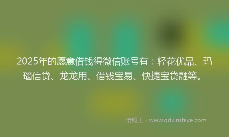 2025年的愿意借钱得微信账号有：轻花优品、玛瑙信贷、龙龙用、借钱宝易、快捷宝贷融等。