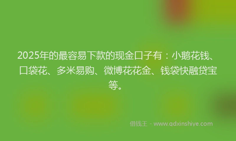2025年的最容易下款的现金口子有：小鹅花钱、口袋花、多米易购、微博花花金、钱袋快融贷宝等。