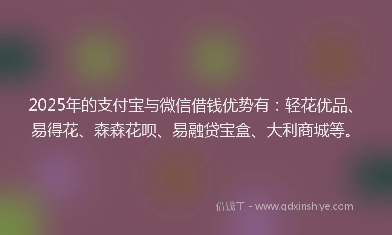 2025年的支付宝与微信借钱优势有：轻花优品、易得花、森森花呗、易融贷宝盒、大利商城等。