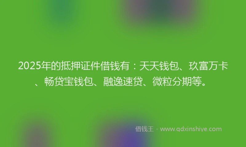 2025年的抵押证件借钱有：天天钱包、玖富万卡、畅贷宝钱包、融逸速贷、微粒分期等。