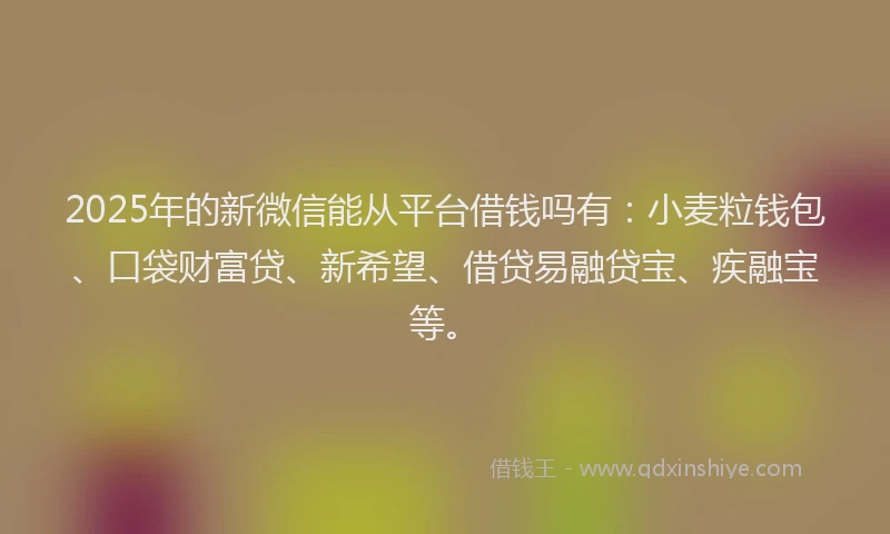 2025年的新微信能从平台借钱吗有：小麦粒钱包、口袋财富贷、新希望、借贷易融贷宝、疾融宝等。