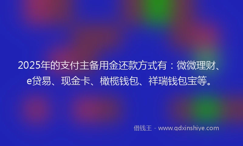 2025年的支付主备用金还款方式有：微微理财、e贷易、现金卡、橄榄钱包、祥瑞钱包宝等。