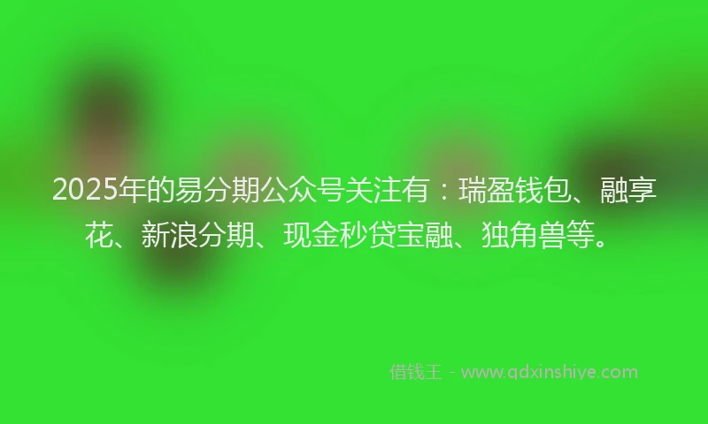 2025年的易分期公众号关注有：瑞盈钱包、融享花、新浪分期、现金秒贷宝融、独角兽等。
