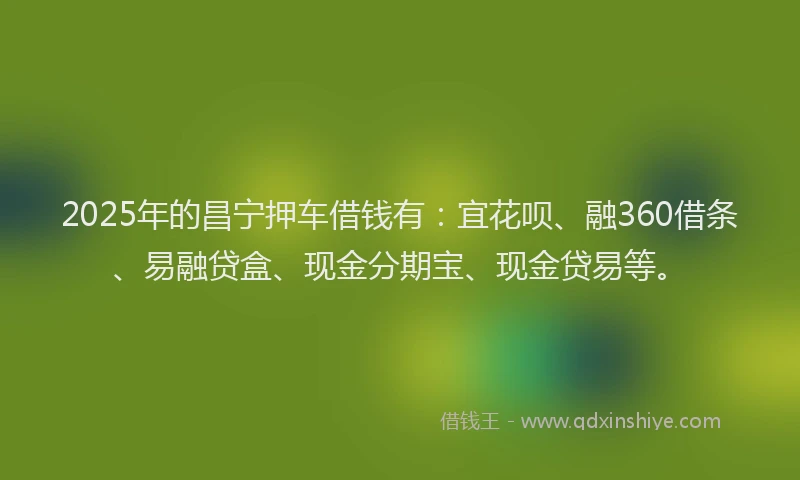 2025年的昌宁押车借钱有：宜花呗、融360借条、易融贷盒、现金分期宝、现金贷易等。