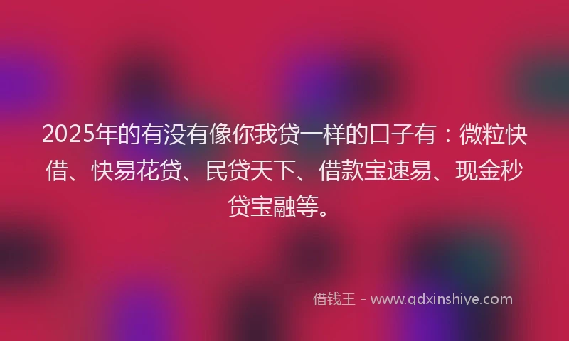 2025年的有没有像你我贷一样的口子有：微粒快借、快易花贷、民贷天下、借款宝速易、现金秒贷宝融等。