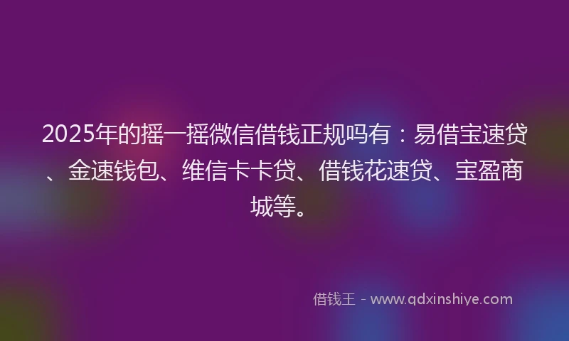 2025年的摇一摇微信借钱正规吗有：易借宝速贷、金速钱包、维信卡卡贷、借钱花速贷、宝盈商城等。