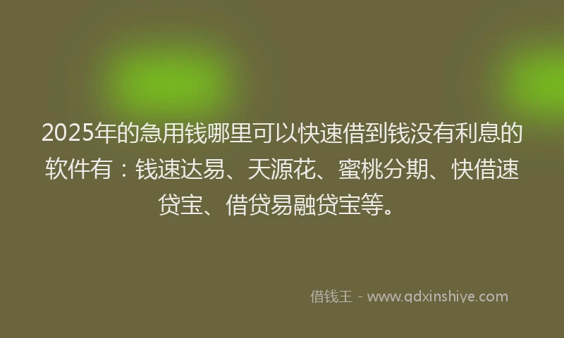 2025年的急用钱哪里可以快速借到钱没有利息的软件有：钱速达易、天源花、蜜桃分期、快借速贷宝、借贷易融贷宝等。
