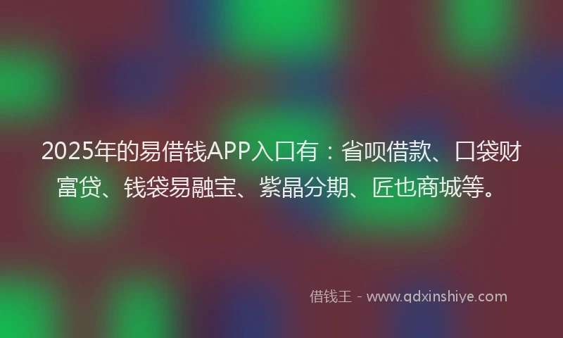 2025年的易借钱APP入口有：省呗借款、口袋财富贷、钱袋易融宝、紫晶分期、匠也商城等。