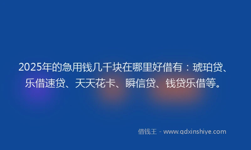 2025年的急用钱几千块在哪里好借有：琥珀贷、乐借速贷、天天花卡、瞬信贷、钱贷乐借等。