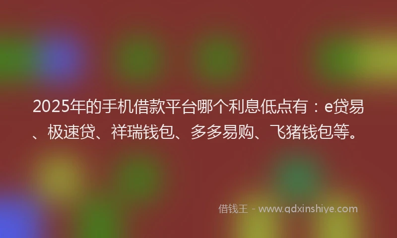 2025年的手机借款平台哪个利息低点有：e贷易、极速贷、祥瑞钱包、多多易购、飞猪钱包等。