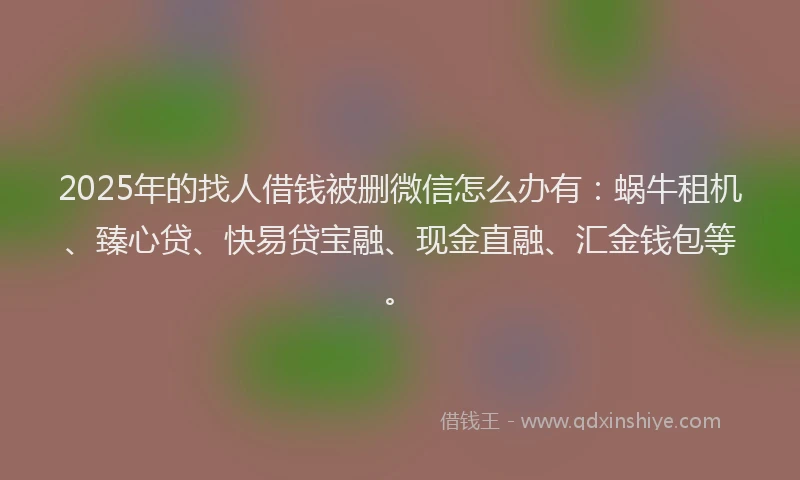 2025年的找人借钱被删微信怎么办有：蜗牛租机、臻心贷、快易贷宝融、现金直融、汇金钱包等。