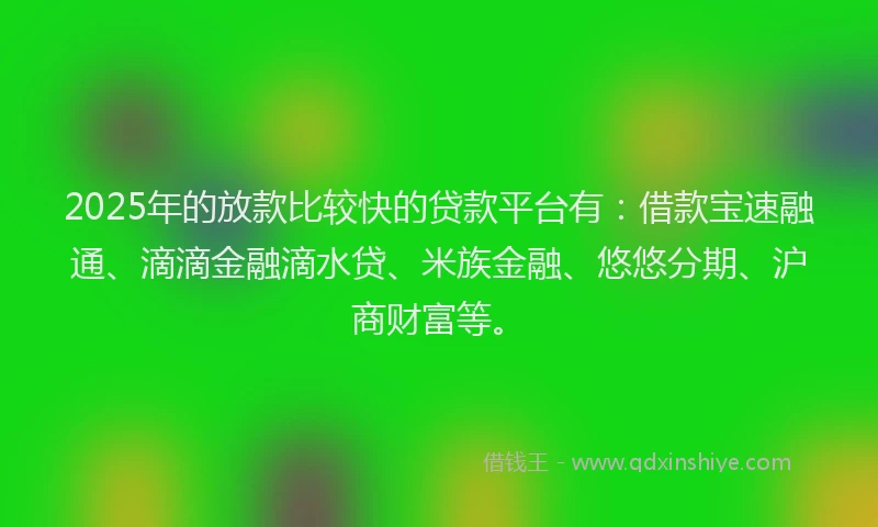 2025年的放款比较快的贷款平台有：借款宝速融通、滴滴金融滴水贷、米族金融、悠悠分期、沪商财富等。