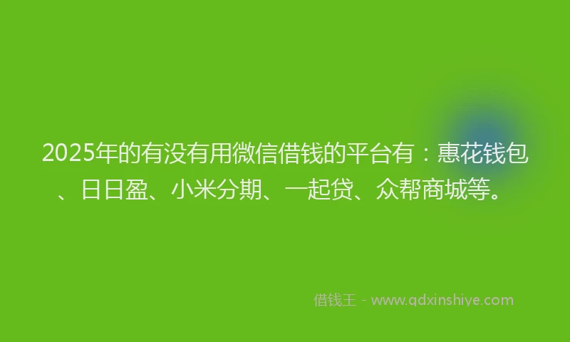 2025年的有没有用微信借钱的平台有：惠花钱包、日日盈、小米分期、一起贷、众帮商城等。