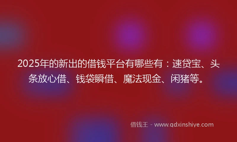 2025年的新出的借钱平台有哪些有：速贷宝、头条放心借、钱袋瞬借、魔法现金、闲猪等。