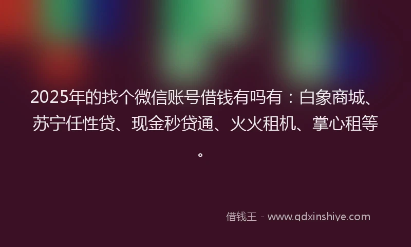 2025年的找个微信账号借钱有吗有：白象商城、苏宁任性贷、现金秒贷通、火火租机、掌心租等。