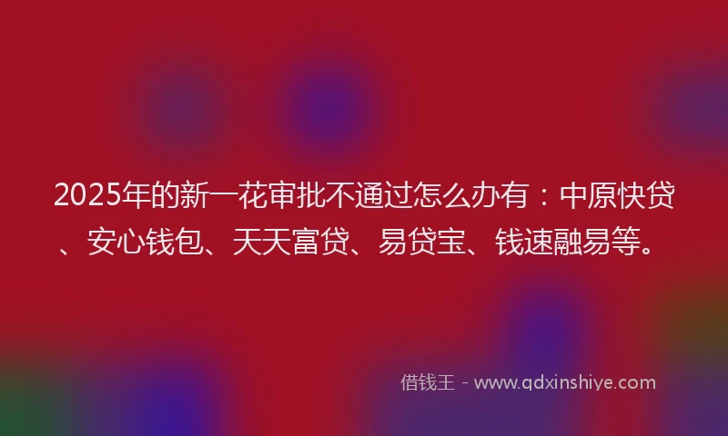 2025年的新一花审批不通过怎么办有：中原快贷、安心钱包、天天富贷、易贷宝、钱速融易等。