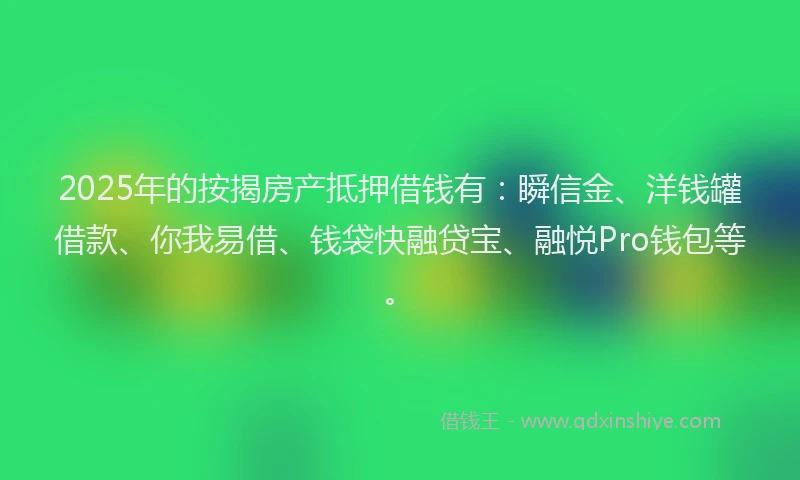 2025年的按揭房产抵押借钱有：瞬信金、洋钱罐借款、你我易借、钱袋快融贷宝、融悦Pro钱包等。