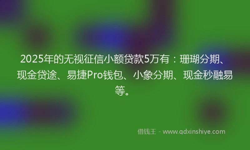2025年的无视征信小额贷款5万有：珊瑚分期、现金贷途、易捷Pro钱包、小象分期、现金秒融易等。