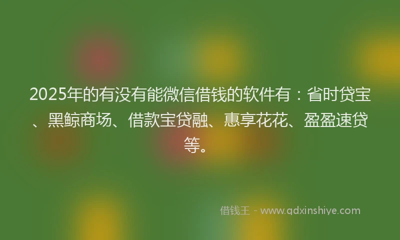 2025年的有没有能微信借钱的软件有：省时贷宝、黑鲸商场、借款宝贷融、惠享花花、盈盈速贷等。