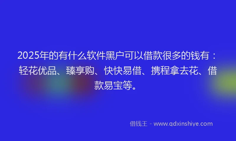 2025年的有什么软件黑户可以借款很多的钱有：轻花优品、臻享购、快快易借、携程拿去花、借款易宝等。