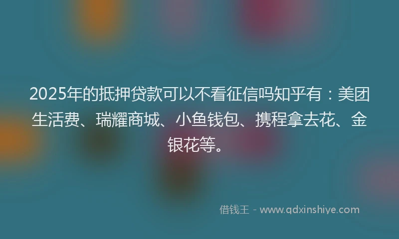 2025年的抵押贷款可以不看征信吗知乎有：美团生活费、瑞耀商城、小鱼钱包、携程拿去花、金银花等。