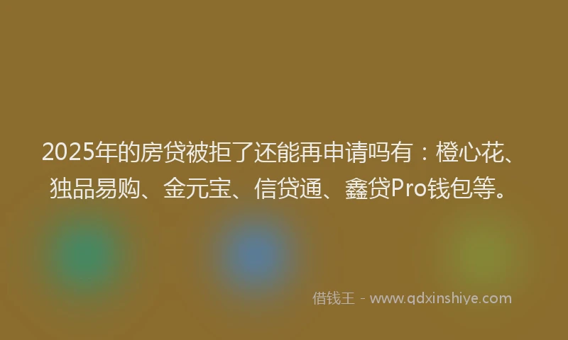 2025年的房贷被拒了还能再申请吗有：橙心花、独品易购、金元宝、信贷通、鑫贷Pro钱包等。